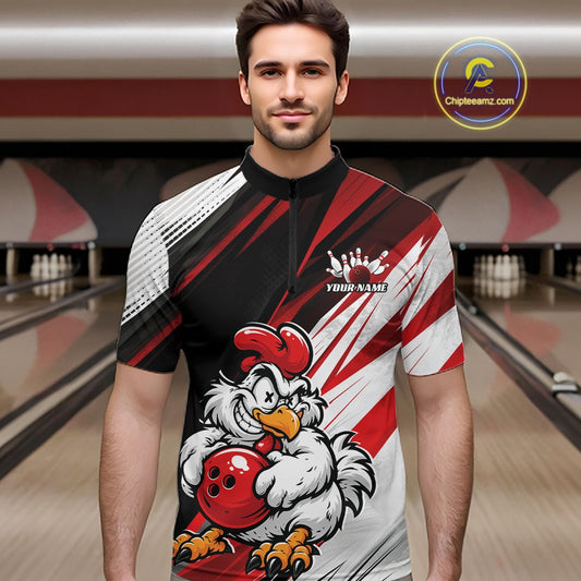A man wearing a custom bowling jersey with a cartoon rooster graphic and 'YOUR NAME' placeholder text, set against a blurred bowling alley background.