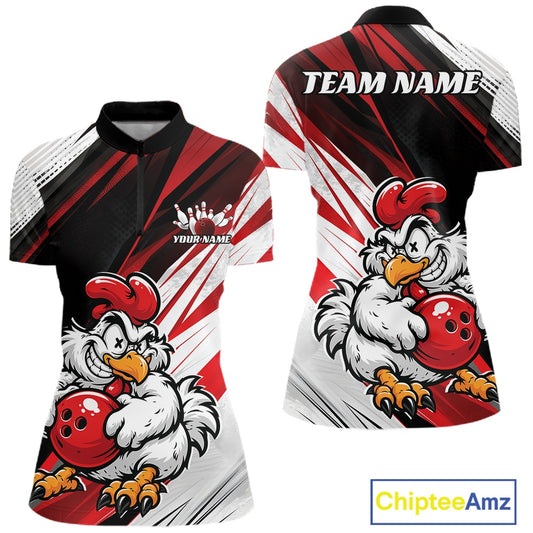 Front and back views of a short-sleeve athletic jersey with a red, black, and white racing-style graphic pattern, featuring a cartoon rooster holding a red bowling ball and customizable text areas on the chest and back.