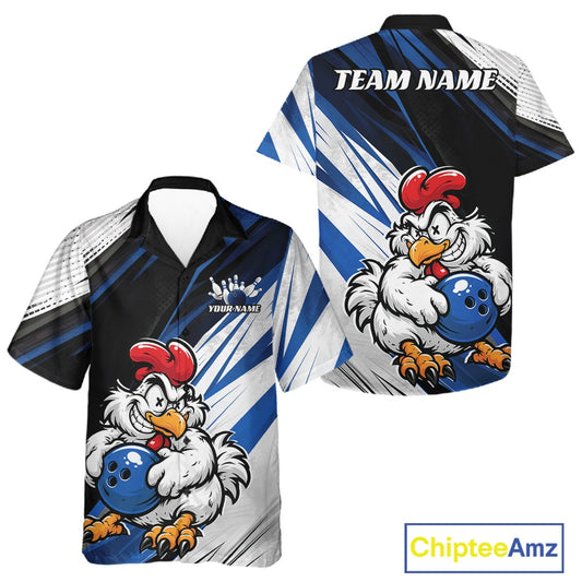Custom short-sleeve bowling shirts shown in front and back views, featuring a cartoon rooster holding a blue bowling ball on a black, blue, and white graphic background. The back has a placeholder text 'TEAM NAME'.