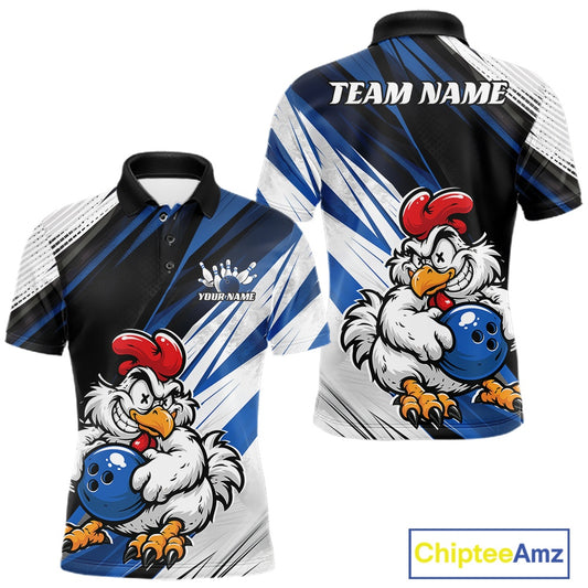 Front and back views of a short-sleeve polo shirt with a bowling-themed cartoon rooster graphic, blue and white diagonal streaks, and customizable text areas reading TEAM NAME and YOUR NAME. A ChipteeAmz logo appears in the bottom right corner.