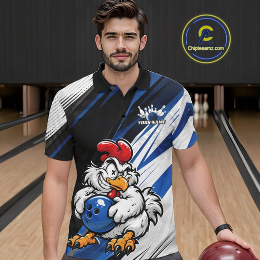 A man wearing a bowling-themed short-sleeve polo shirt with a cartoon rooster holding a blue bowling ball, set against a bowling alley background. A circular 'Chipeeamz.