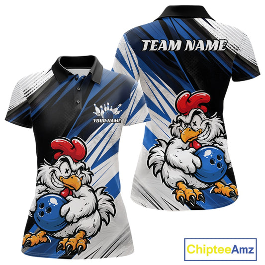 Front and back views of a short-sleeve polo shirt featuring a cartoon bowling chicken graphic on a blue, white, and black abstract background. The front has a white custom logo placeholder and the back has 'TEAM NAME' printed in white.