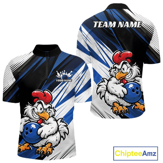 Custom short-sleeve bowling jersey shown from the front and back, featuring a cartoon rooster holding a blue bowling ball on a blue and white abstract background, with 'TEAM NAME' and 'YOUR NAME' placeholder text.