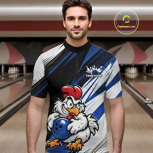 A man wearing a custom bowling jersey with a cartoon chicken graphic, standing in front of a bowling alley background. The jersey features blue, black, white, and gray diagonal stripes with a blue bowling ball and a red-headed cartoon chicken on the front.