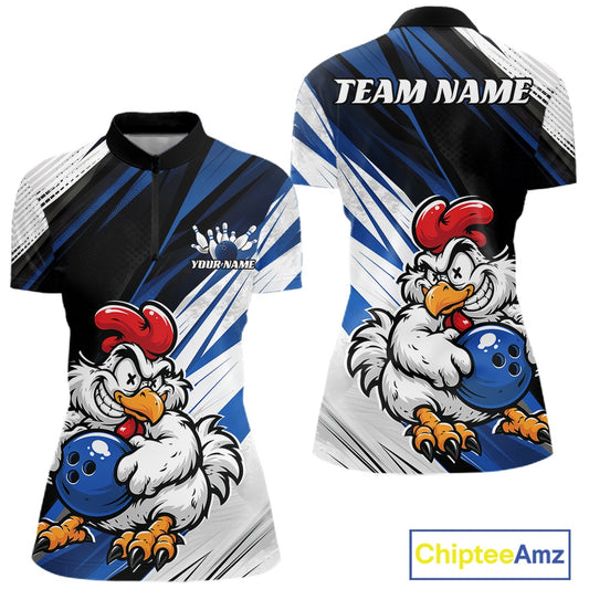 Front and back views of a short-sleeve athletic jersey with a cartoon chicken holding a blue bowling ball. The jersey has a black, white, and blue striped pattern with diagonal streaks, and customizable text areas reading 'YOUR NAME' on the chest and 'TEAM NAME' on the back.