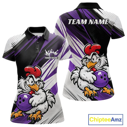 Front and back views of a short-sleeve polo shirt featuring a cartoon bowling chicken graphic in purple, white, black, red, and orange, with customizable text placeholders 'TEAM NAME' and 'YOUR NAME'.