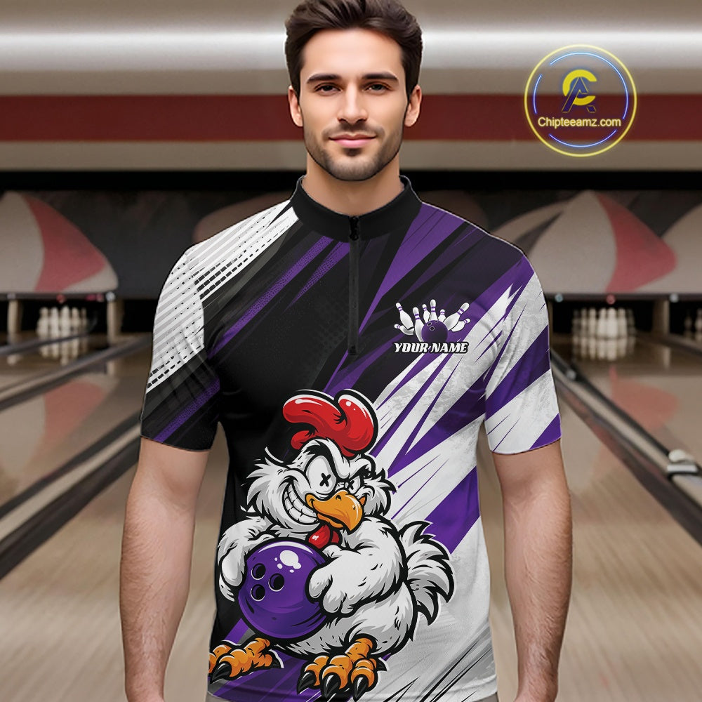 A man wearing a custom bowling jersey with a cartoon chicken graphic, standing in front of a bowling alley background. The jersey is black, purple, and white with a purple bowling ball and a red-crowned chicken design.