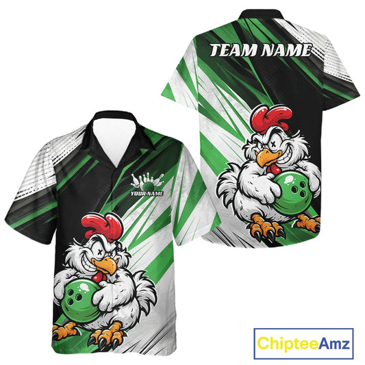 Custom bowling t-shirt shown from both front and back views. The shirt features a black, green, and white abstract background with a cartoon rooster holding a green bowling ball.