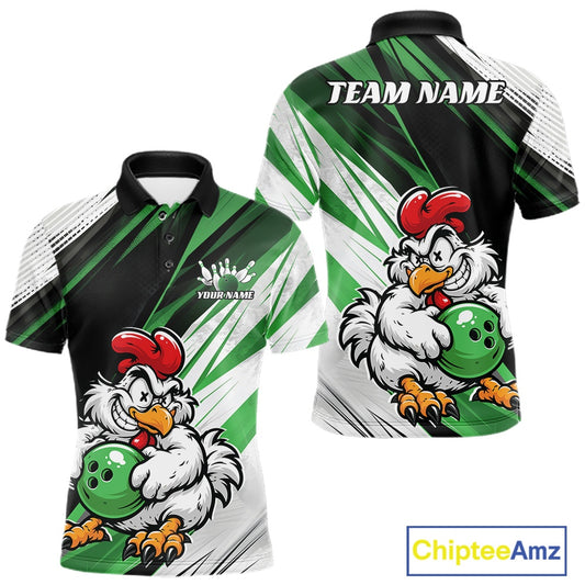 Custom short-sleeve polo shirt shown in front and back views, featuring a cartoon rooster holding a green bowling ball on a green and white striped background, with 'TEAM NAME' and 'YOUR NAME' text placeholders. A 'ChipteeAmz' logo is visible in the bottom right corner.
