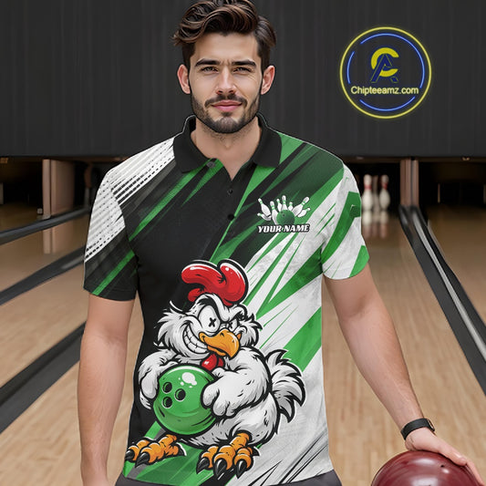 A man wearing a custom bowling polo shirt with a cartoon rooster holding a bowling ball, set against a bowling alley background. A circular 'Chipleemz.