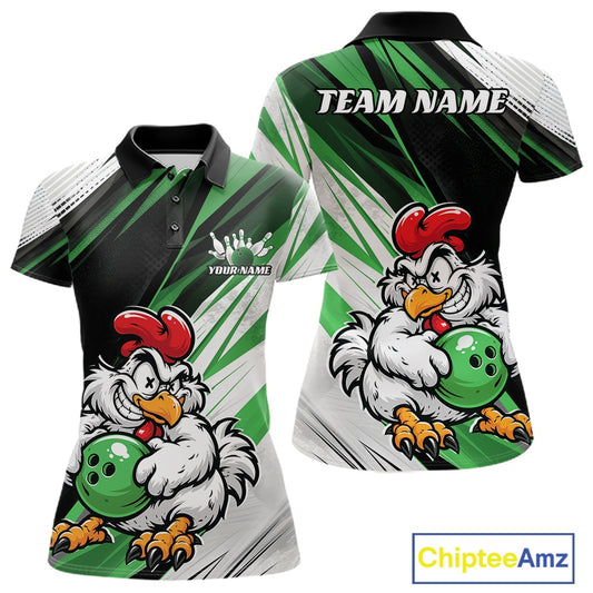 Front and back views of a short-sleeve polo shirt featuring a cartoon bowling chicken graphic on a green, black, and white striped background. The shirt includes customizable text placeholders 'TEAM NAME' and 'YOUR NAME'.