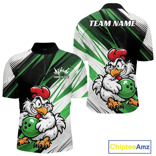 Custom short-sleeve athletic jerseys shown from the front and back, featuring a green and black diagonal striped pattern with a cartoon rooster holding a green bowling ball and 'TEAM NAME' placeholder text on the back.