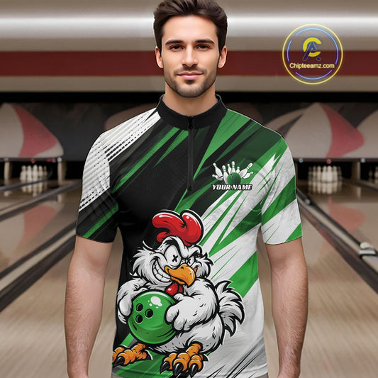 A man wearing a custom bowling jersey with a cartoon rooster holding a green bowling ball. The jersey features a black, green, and white diagonal striped pattern with a white bowling logo and the text 'YOUR NAME'.