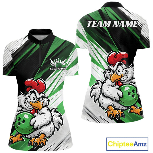 Front and back views of a short-sleeve athletic shirt with a cartoon rooster holding a green bowling ball, on a white background. The shirt has green and black diagonal stripes, white mesh shoulder panels, and customizable text areas.