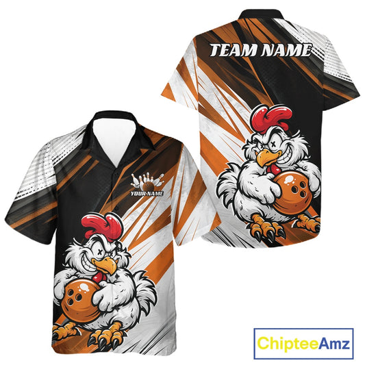 Custom short-sleeve bowling t-shirt shown in front and back views. The shirt features a cartoon rooster holding a bowling ball, with customizable text areas reading 'TEAM NAME' on the back and 'YOUR NAME' with a crown logo on the front.