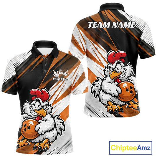 Front and back views of a short-sleeve polo shirt featuring a cartoon rooster holding bowling balls on a black, white, and orange graphic background. The shirt includes customizable text placeholders 'TEAM NAME' and 'YOUR NAME'.