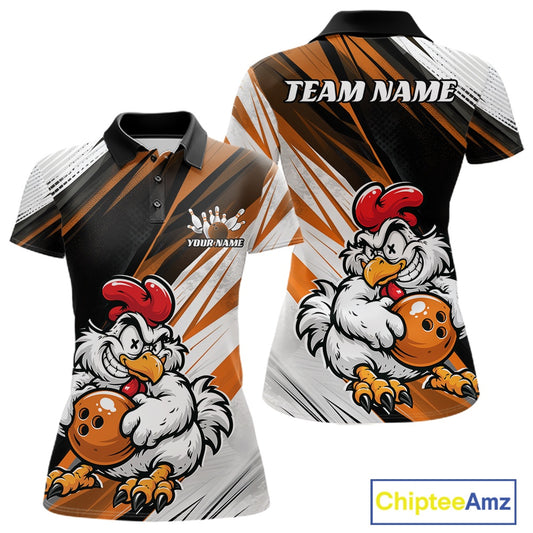 Custom short-sleeve polo shirt shown in front and back views, featuring a cartoon chicken holding a bowling ball on a black, white, and orange graphic background. The shirt includes customizable text areas reading 'TEAM NAME' and 'YOUR NAME'.