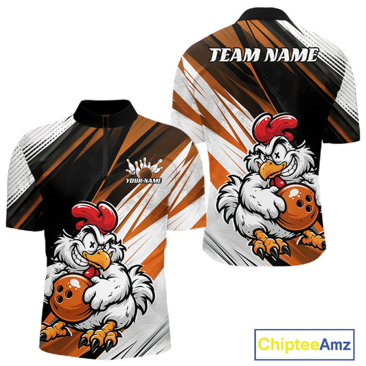 Custom short-sleeve athletic jersey shown from both front and back, featuring a cartoon rooster holding bowling balls on a black, white, and orange striped background. The front has a mock logo area reading 'YOUR NAME' and the back has 'TEAM NAME' printed at the shoulders.