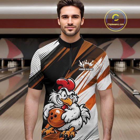 A man wearing a short-sleeve bowling jersey with a bold graphic of a cartoon chicken holding a bowling ball. The jersey features a black, white, and orange diagonal striped pattern with a mock crown logo and the text 'YOUR NAME'.