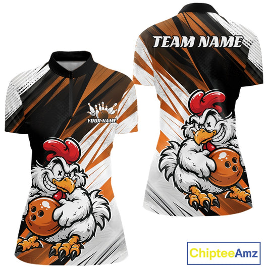 Front and back views of a short-sleeve athletic jersey with a cartoon rooster holding a bowling ball, on a white background. The jersey has a black, white, and orange striped pattern with customizable text areas on the chest and back.