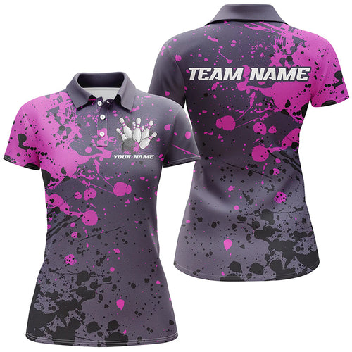Custom Purple Splatter Ladies Bowling Polo Shirts, Custom Bowling Uniforms Bowling Jerseys IPHW7092