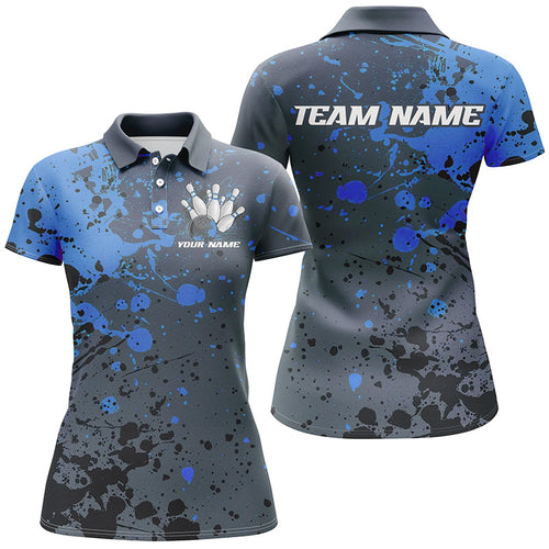 Custom Blue Splatter Bowling Polo Shirts For Women, Custom Bowling Uniforms Bowling Jerseys IPHW7093