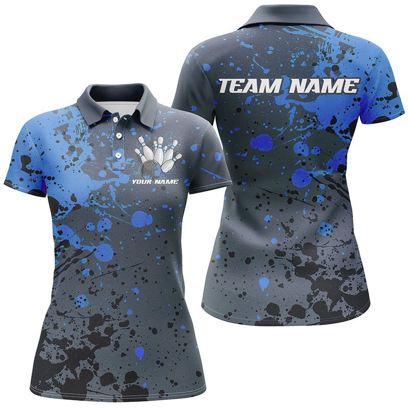 Custom Blue Splatter Bowling Polo Shirts For Women, Custom Bowling Uniforms Bowling Jerseys IPHW7093