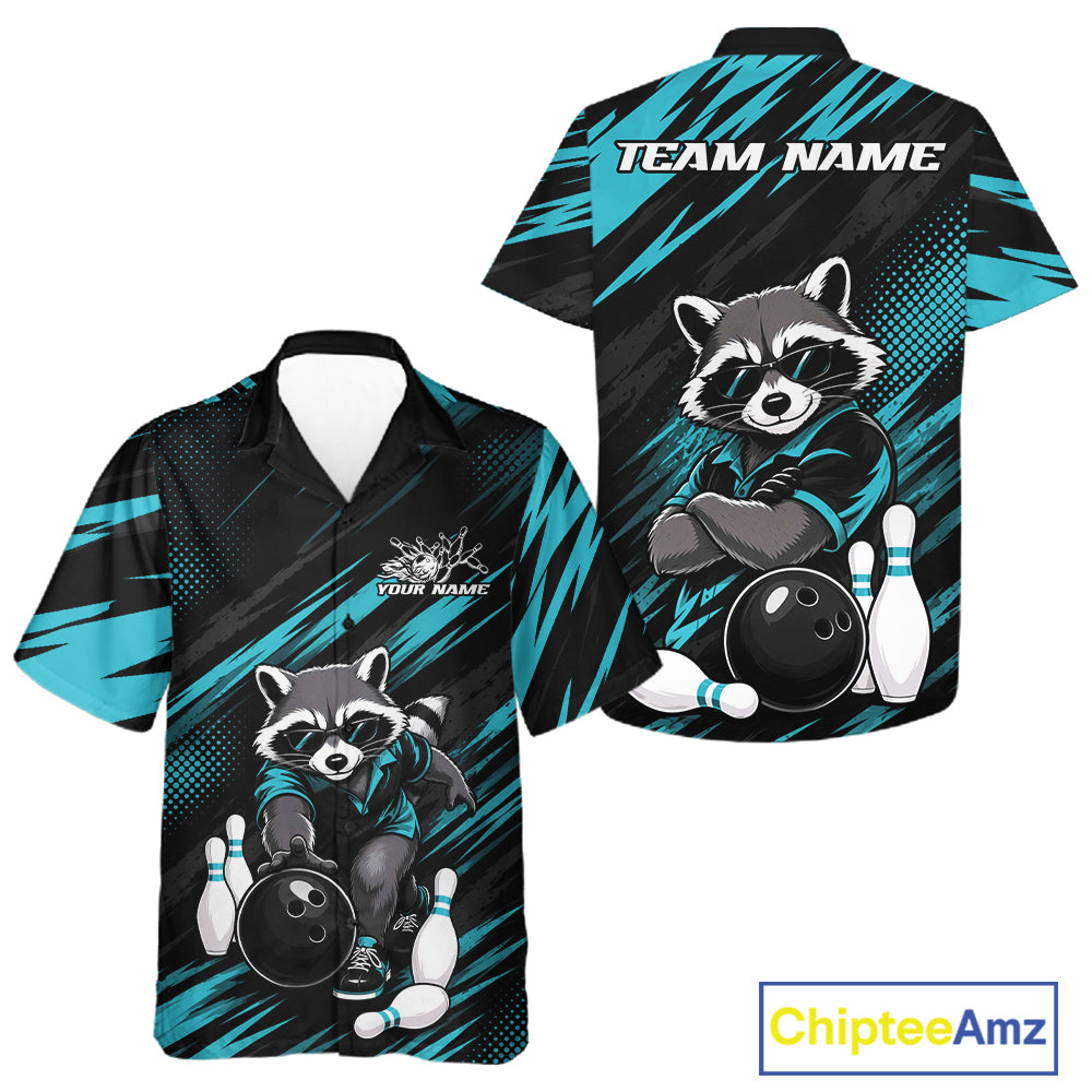 Front and back views of a short-sleeve button up bowling shirt with a raccoon graphic, teal and black diagonal brushstroke patterns, bowling ball and pins illustration, and customizable TEAM NAME text on the back. A ChipteeAmz logo appears in the bottom right corner.