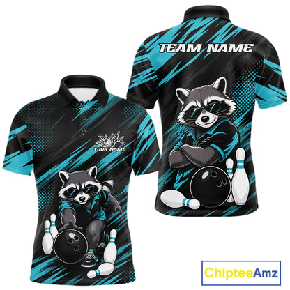 Front and back views of a short-sleeve polo shirt featuring a cartoon raccoon bowling design on a black and teal patterned background, with placeholder text 'TEAM NAME' and 'YOUR NAME' on the shirt.
