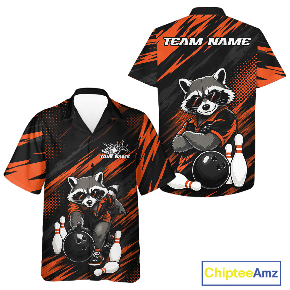 Custom bowling-themed short-sleeve button-up shirts shown from both front and back. The design features a raccoon wearing sunglasses, bowling balls, and white bowling pins over a black and orange abstract brushstroke pattern.