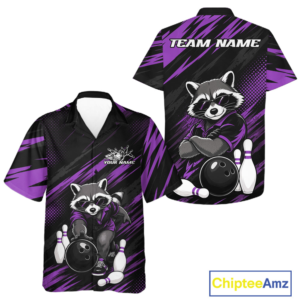 Custom bowling-themed short-sleeve button-up shirt shown from both front and back. The shirt features a black and purple abstract background with a raccoon graphic wearing sunglasses, bowling balls, and bowling pins.
