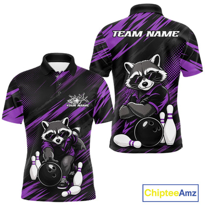 Front and back views of a short-sleeve polo shirt with a raccoon bowling graphic, black and purple diagonal stripes, and customizable text areas reading TEAM NAME and YOUR NAME. A ChipteeAmz logo appears in the bottom right corner.