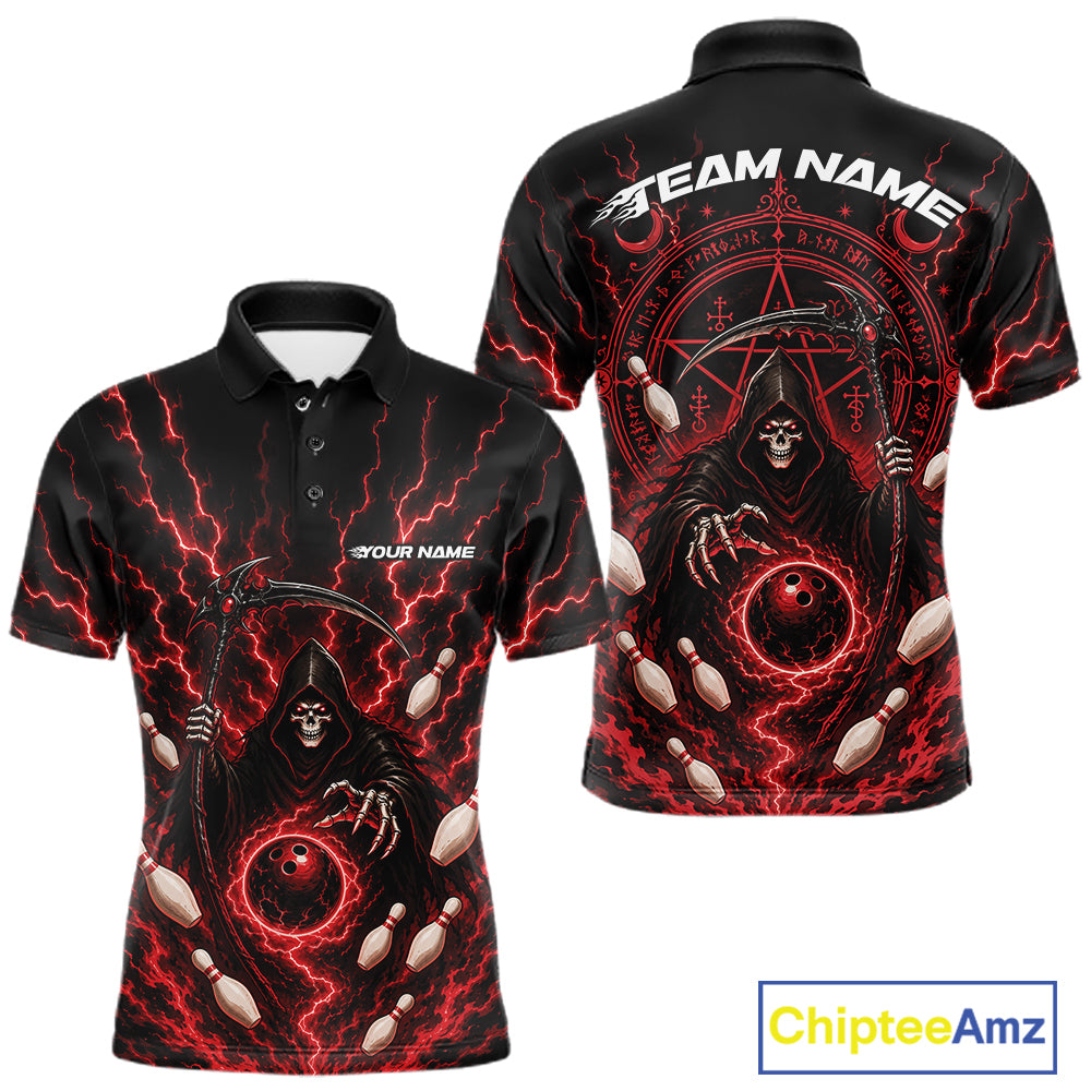 Black short-sleeve polo shirt with a red and black grim reaper graphic, shown in front and back views on a white background. The shirt features lightning, a scythe, bowling pins, and placeholder text for team name and personalization.