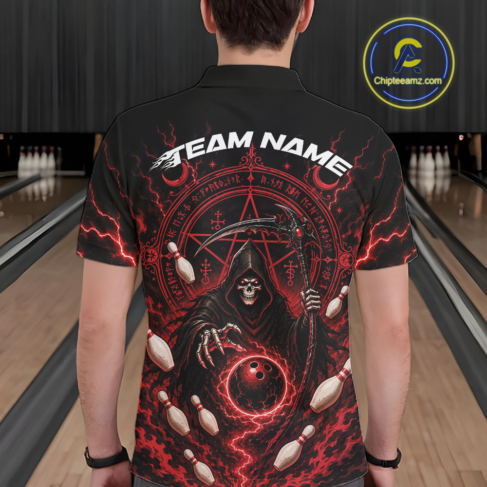 A person standing in a bowling alley wearing a black short-sleeve polo shirt with a large red, black, and white grim reaper graphic on the back, including the text 'TEAM NAME' and bowling pins and lightning details. 