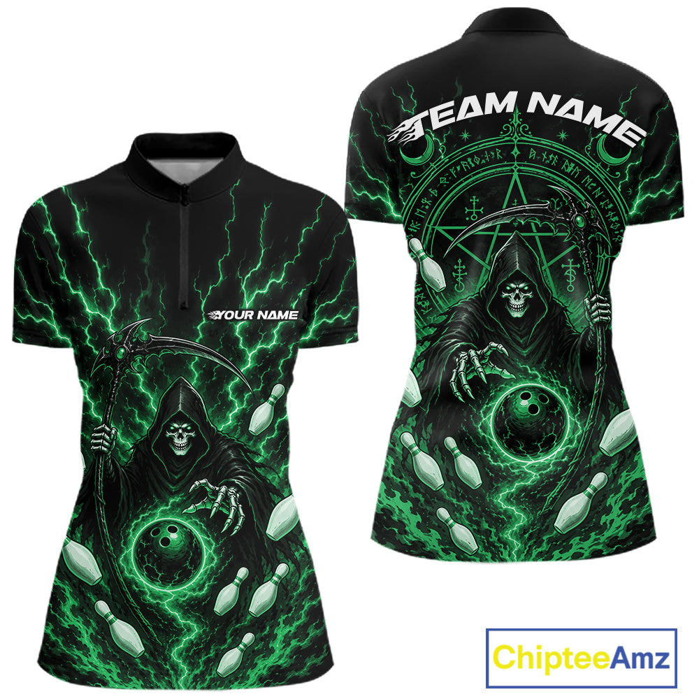 Front and back views of a women's short-sleeve quarter zip shirt with a black base and a vivid green grim reaper graphic featuring lightning, bowling pins, and custom text placeholders.