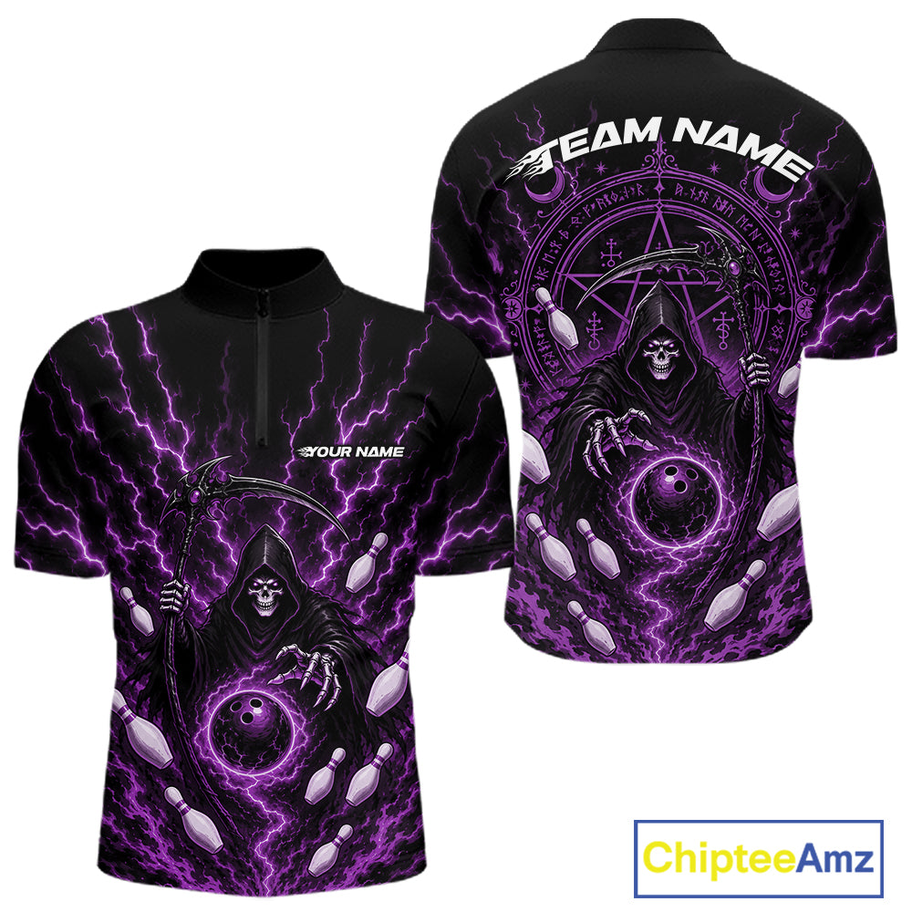 Black short-sleeve quarter-zip performance shirt with a purple and white grim reaper graphic featuring lightning, a pentagram, and mystical symbols. Shown in front and back views on a white background with a ChipteeAmz logo in the corner.