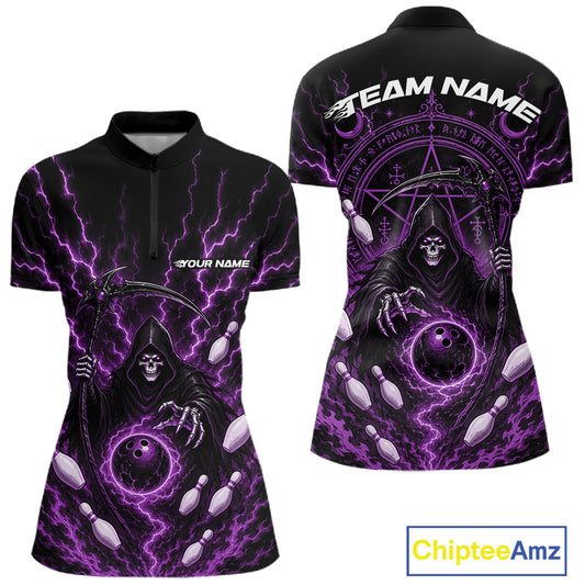 Front and back views of a women's short-sleeve quaeter zip shirt with a black base, purple lightning effects, and a grim reaper graphic. The front shows 'YOUR NAME' and 'TEAM NAME' placeholder text.