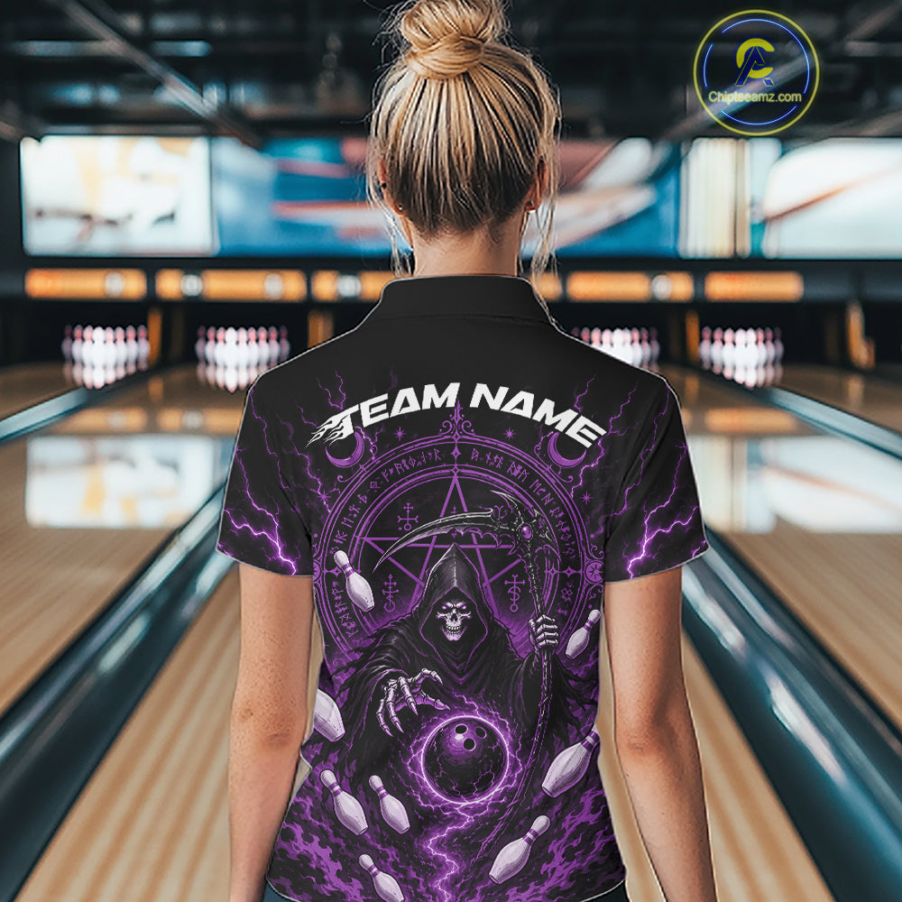 A woman viewed from behind wearing a black short-sleeve bowling shirt with a large purple and black grim reaper graphic and the text 'TEAM NAME' across the upper back, standing in a bowling alley.