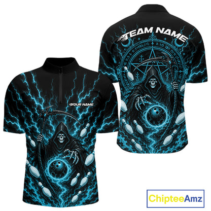 Custom unisex short sleeve quarter zip shirt shown from front and back with a dramatic blue lightning and grim reaper graphic, plus customizable text areas 