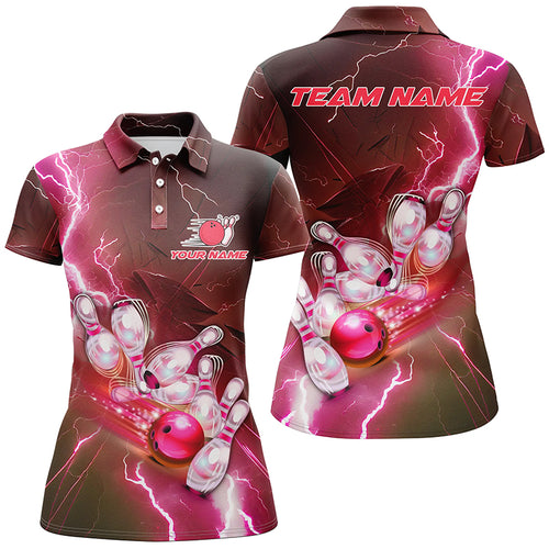 Lightning Strike Custom Red Bowling Polo Shirts, Bowling Team Jerseys For Men IPHW5221