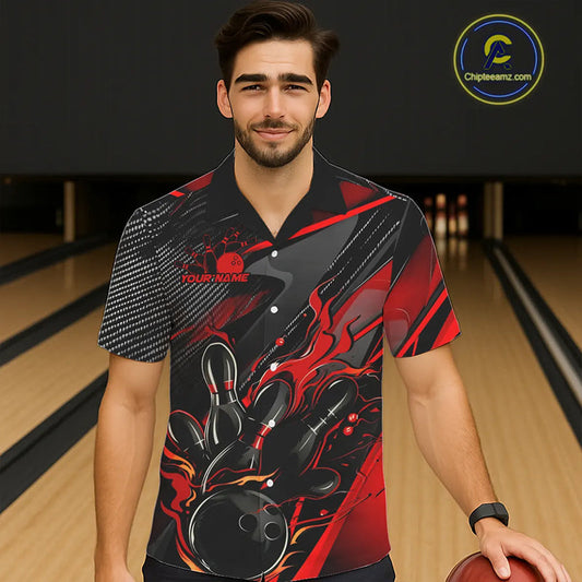 Black And Red Custom Flame Bowling Shirts For Men, Fire Bowling Team Shirt Bowler Jersey IPHW7931