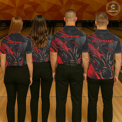 Black And Red Custom Flame Bowling Shirts For Men, Fire Bowling Team Shirt Bowler Jersey IPHW7931