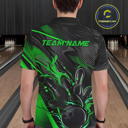 Black And Green Custom Flame Bowling Shirts For Men, Fire Bowling Team Shirt Bowler Jersey IPHW7934