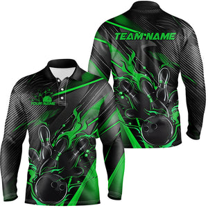 Black And Green Custom Flame Bowling Shirts For Men, Fire Bowling Team Shirt Bowler Jersey IPHW7934