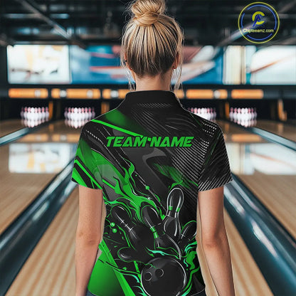 Black And Green Custom Flame Bowling Shirts For Women, Fire Bowling Team Shirt Bowler Jersey IPHW7934