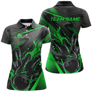 Black And Green Custom Flame Bowling Shirts For Women, Fire Bowling Team Shirt Bowler Jersey IPHW7934