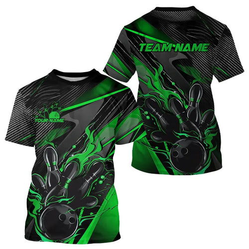 Black And Green Custom Flame Bowling Men T-Shirts Shirts, Fire Bowling Team Bowler Jersey IPHW7934