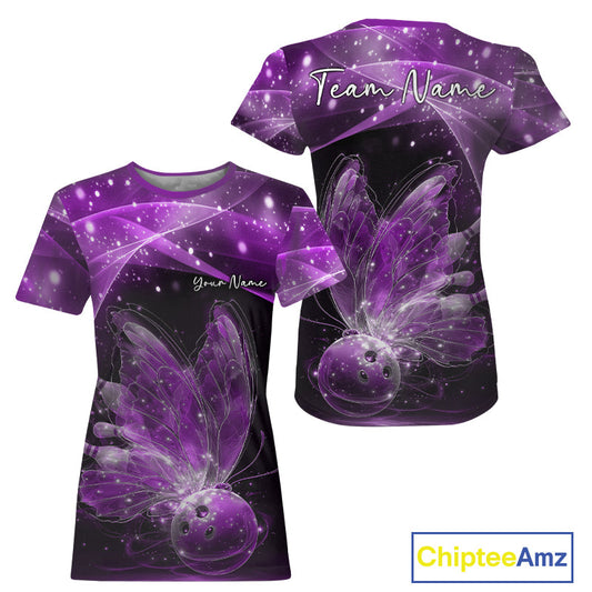 Custom Ethereal Purple Butterfly Bowling Team Women T-Shirts, Ladies Bowling Outfit IPHW10245