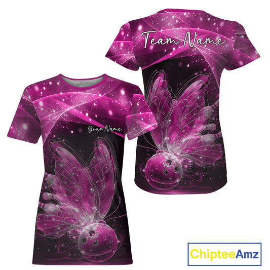 Custom Ethereal Pink Butterfly Bowling Team Women T-Shirts, Ladies Bowling Outfit IPHW10246