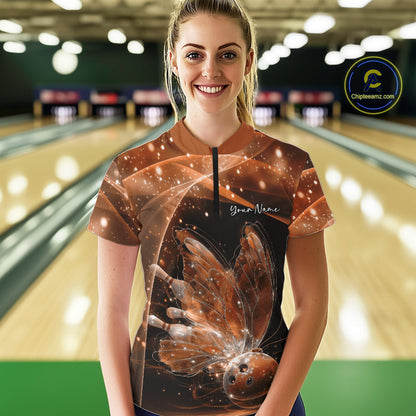Custom Ethereal Orange Butterfly Bowling Women Quarter-Zip Shirts, Ladies Bowling Outfit IPHW10247